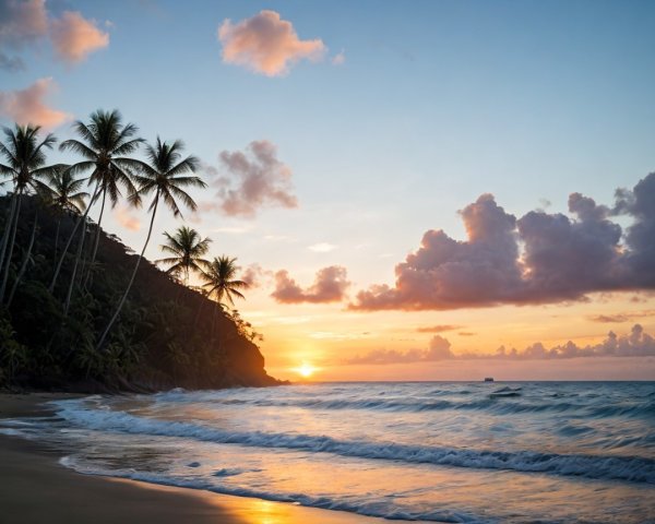 Serene Beach Sunset with Palm Trees and Gentle Waves