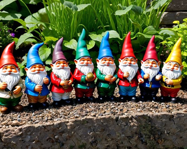 Colorful Garden Gnomes Among Lush Greenery