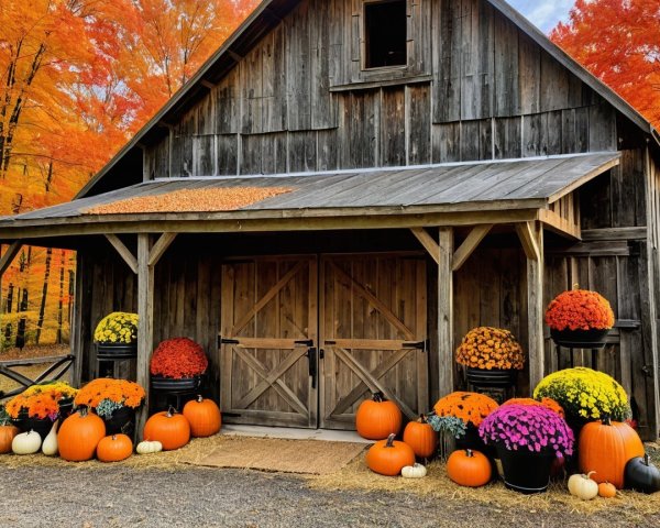 Rustic Barn with Fall Decorations and Autumn Foliage