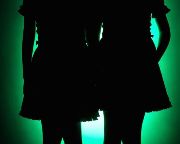 Silhouettes of Girls in Dark Dresses on Green Background