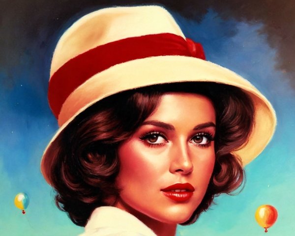 Woman in Wide-Brimmed Hat with Blue Background and Balloons