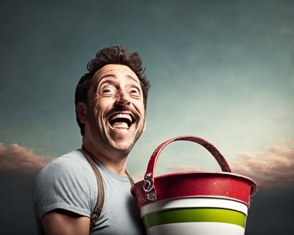 Cheerful man with colorful bucket under dramatic sky