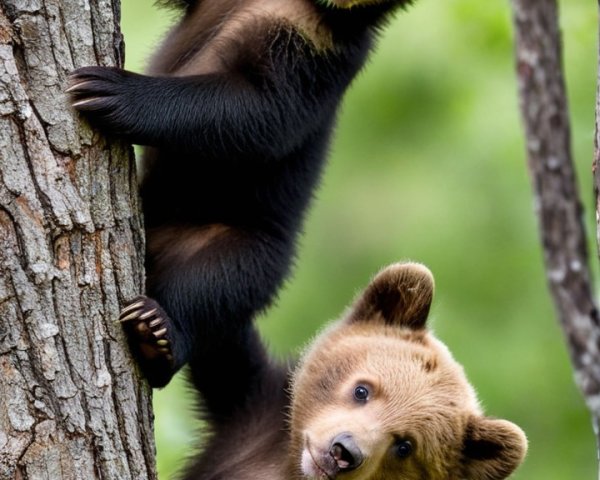Playful Bear Cubs Climbing a Tree in Nature