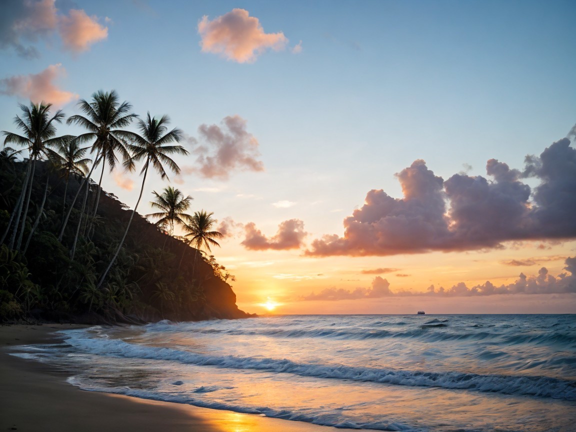 Serene Beach Sunset with Palm Trees and Gentle Waves