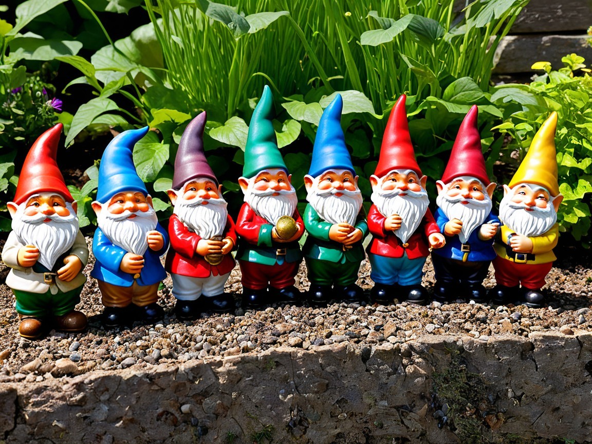 Colorful Garden Gnomes Among Lush Greenery