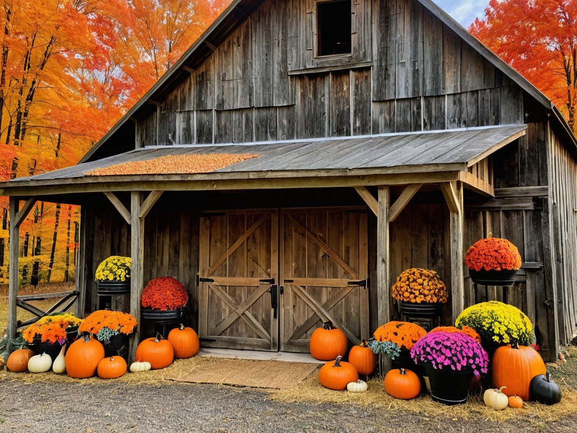 Rustic Barn with Fall Decorations and Autumn Foliage