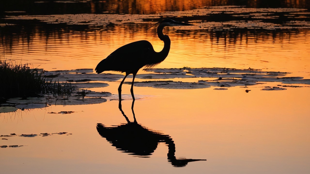 Heron Silhouette at Sunset Over Calm Water