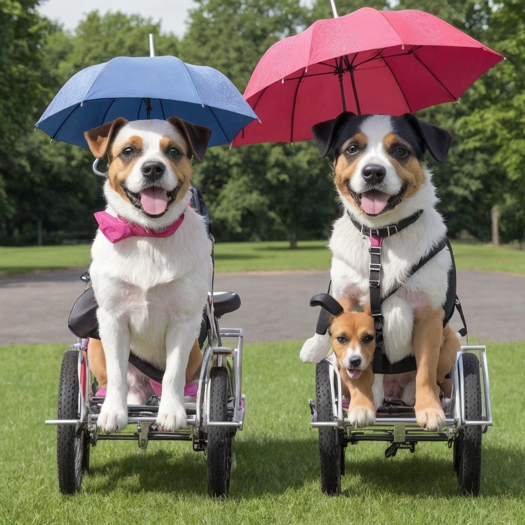 Happy dogs in colorful carts on a green lawn