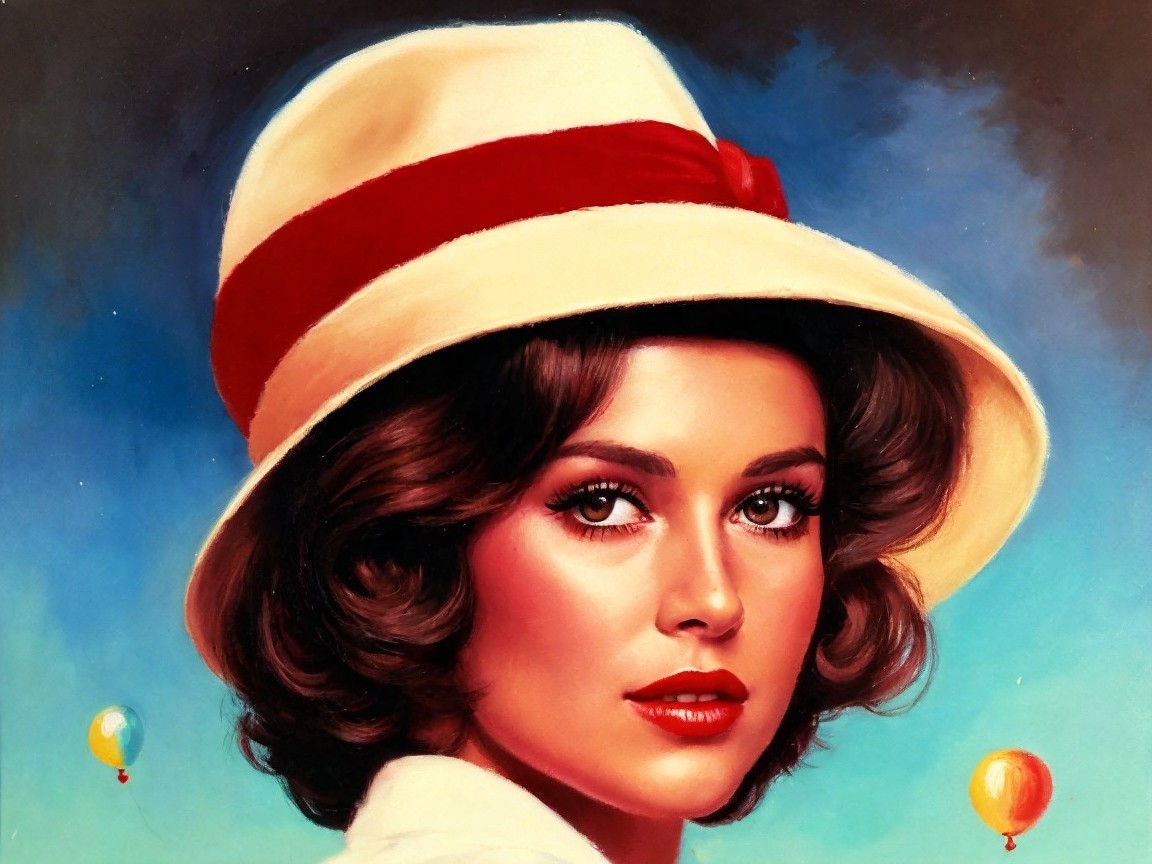 Woman in Wide-Brimmed Hat with Blue Background and Balloons