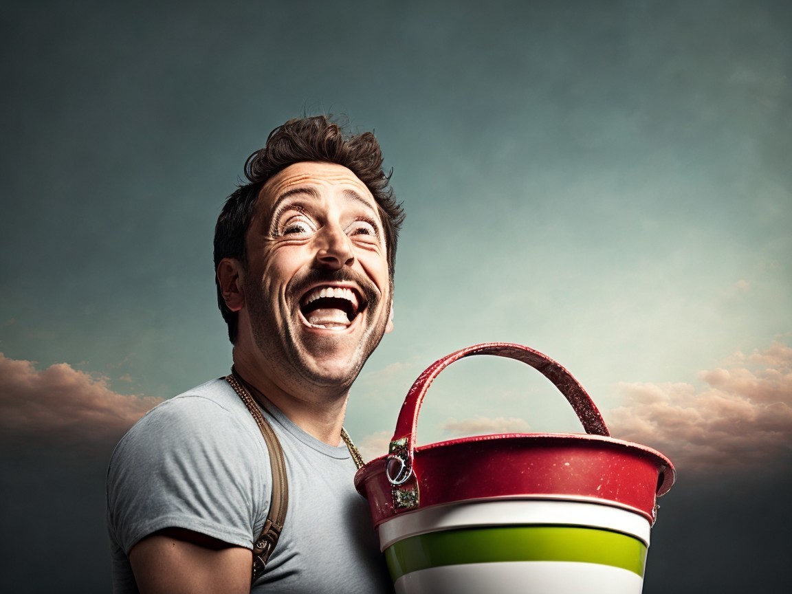 Cheerful man with colorful bucket under dramatic sky
