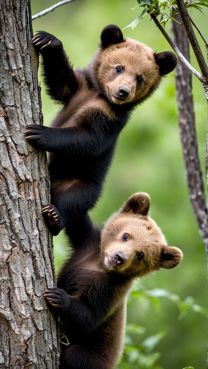 Playful Bear Cubs Climbing a Tree in Nature