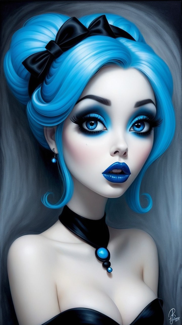 Character with Blue Hair and Elegant Black Outfit