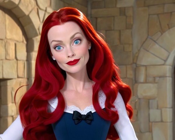 Character with Red Hair in Blue Dress Against Stone Wall