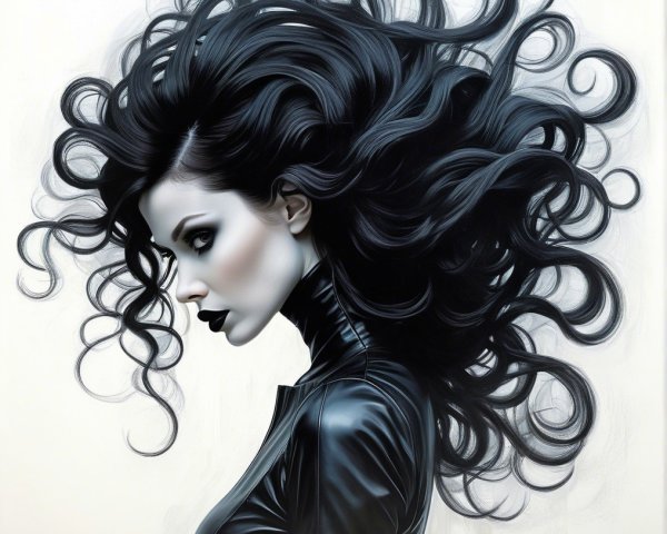 Profile of a Woman with Black Hair and Leather Jacket