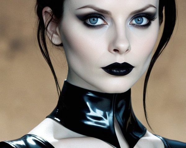 Figure in Black Latex with Cat Ear Buns and Bold Makeup