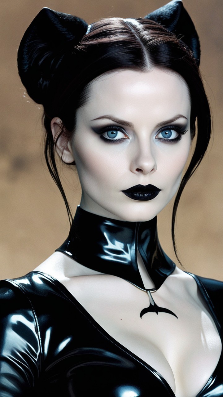 Figure in Black Latex with Cat Ear Buns and Bold Makeup