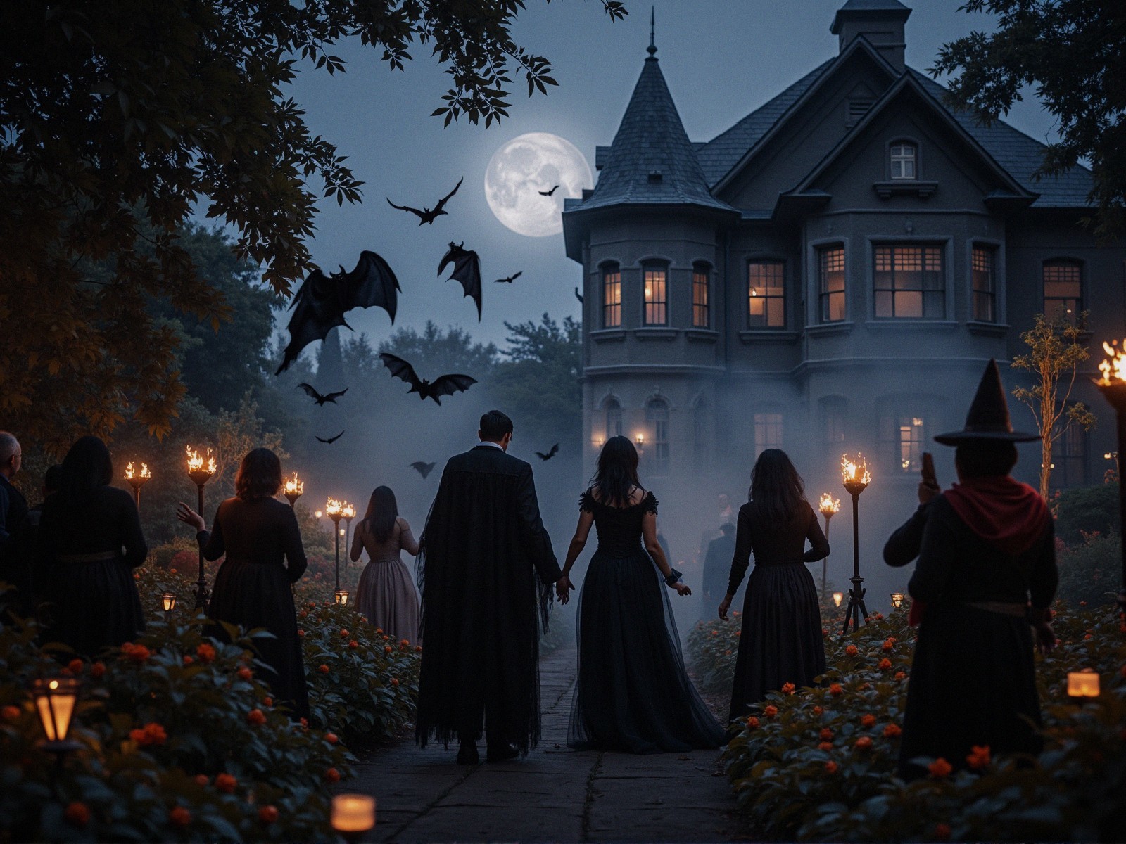 Elegant Figures Approaching a Grand Mansion at Night