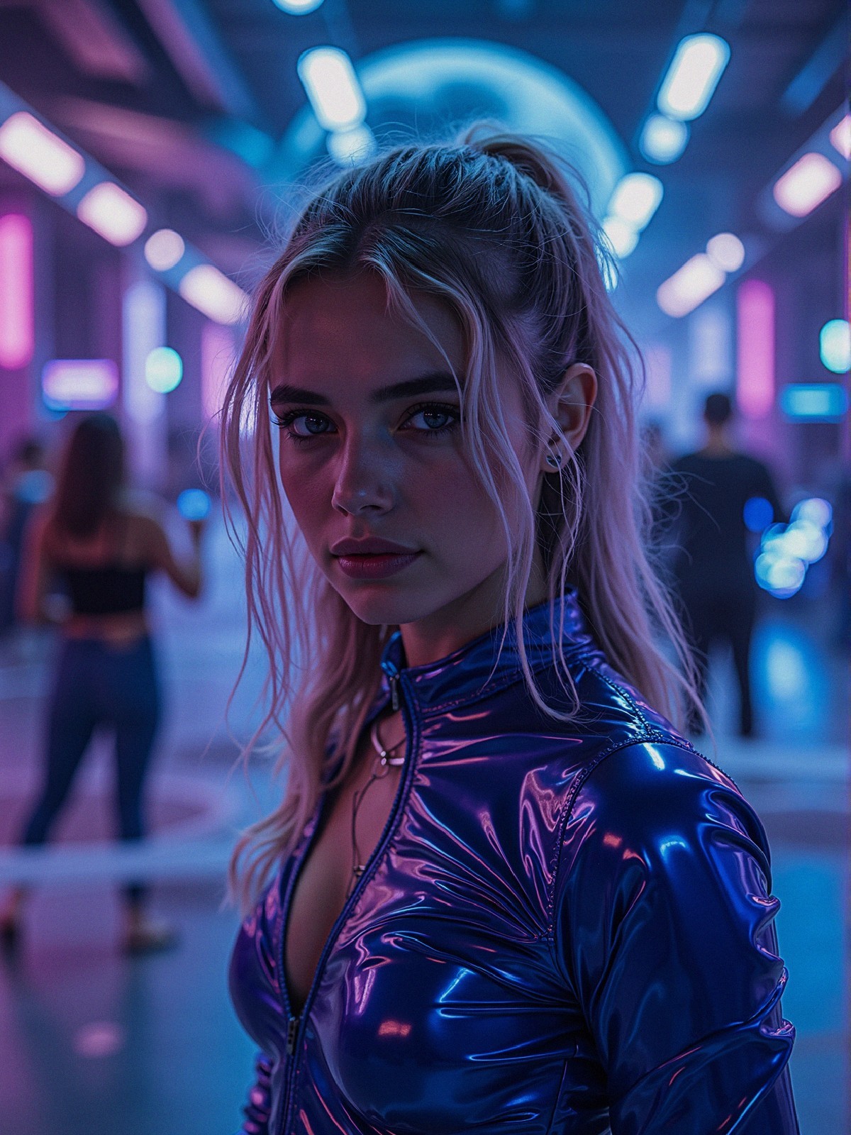 Young woman in neon-lit setting with confident gaze