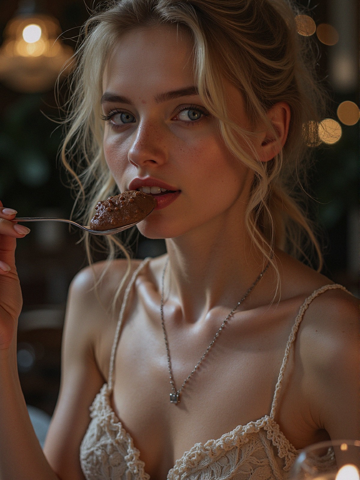 Young woman enjoying chocolate dessert in warm setting