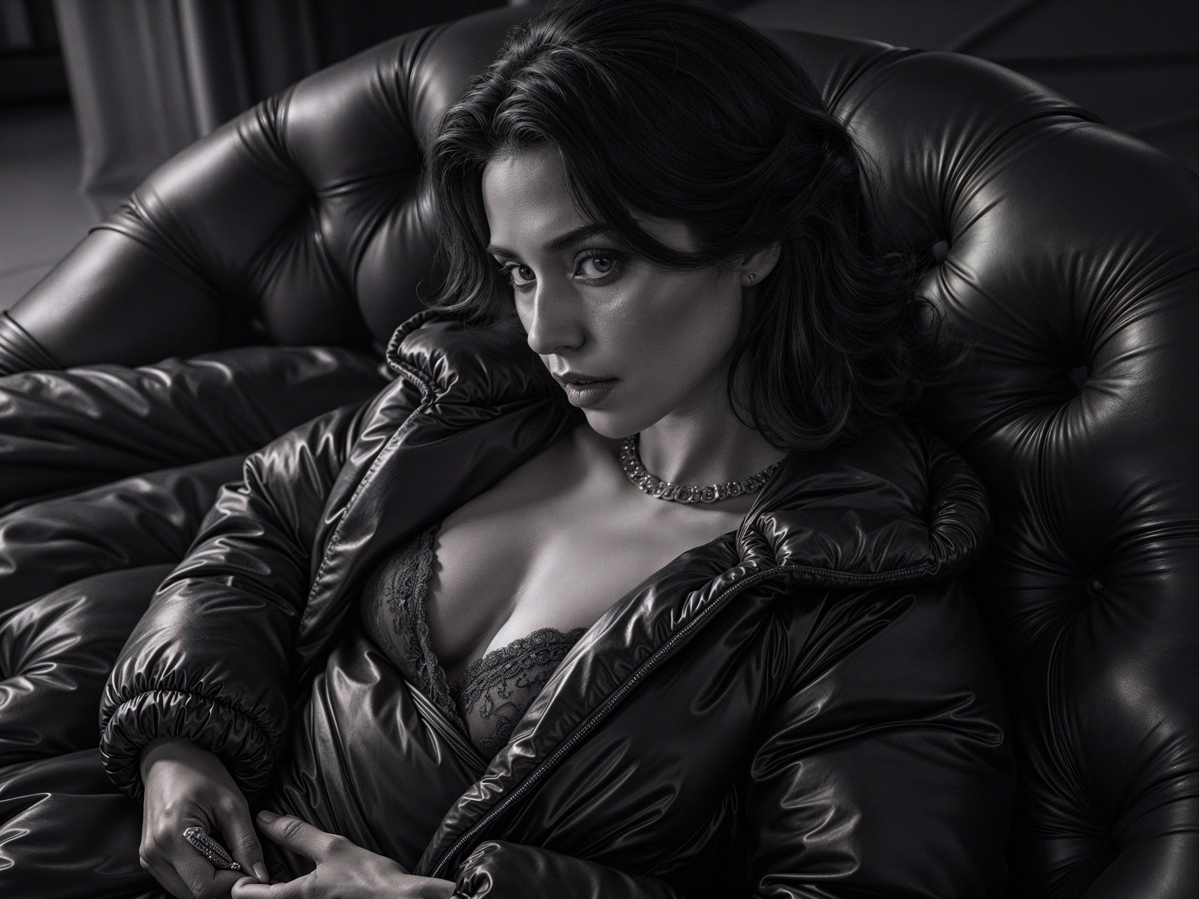 Elegant Woman in Modern Lingerie on Plush Couch