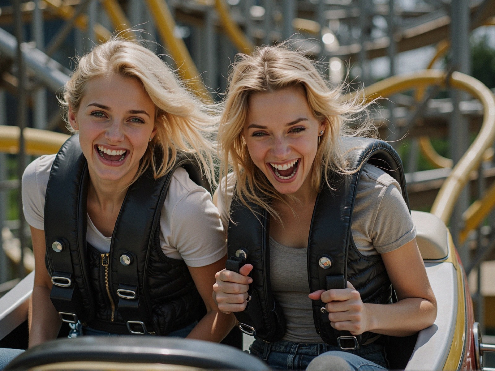 Young women enjoying a roller coaster ride at an amusement park