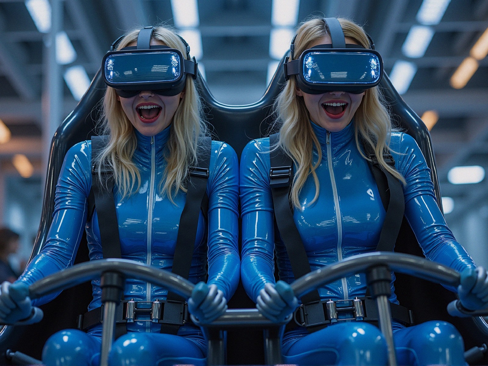 Women in Blue Bodysuits in VR Simulator Setup