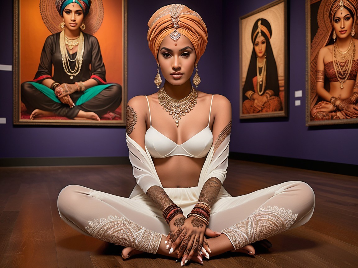 Woman in vibrant art gallery with cultural attire