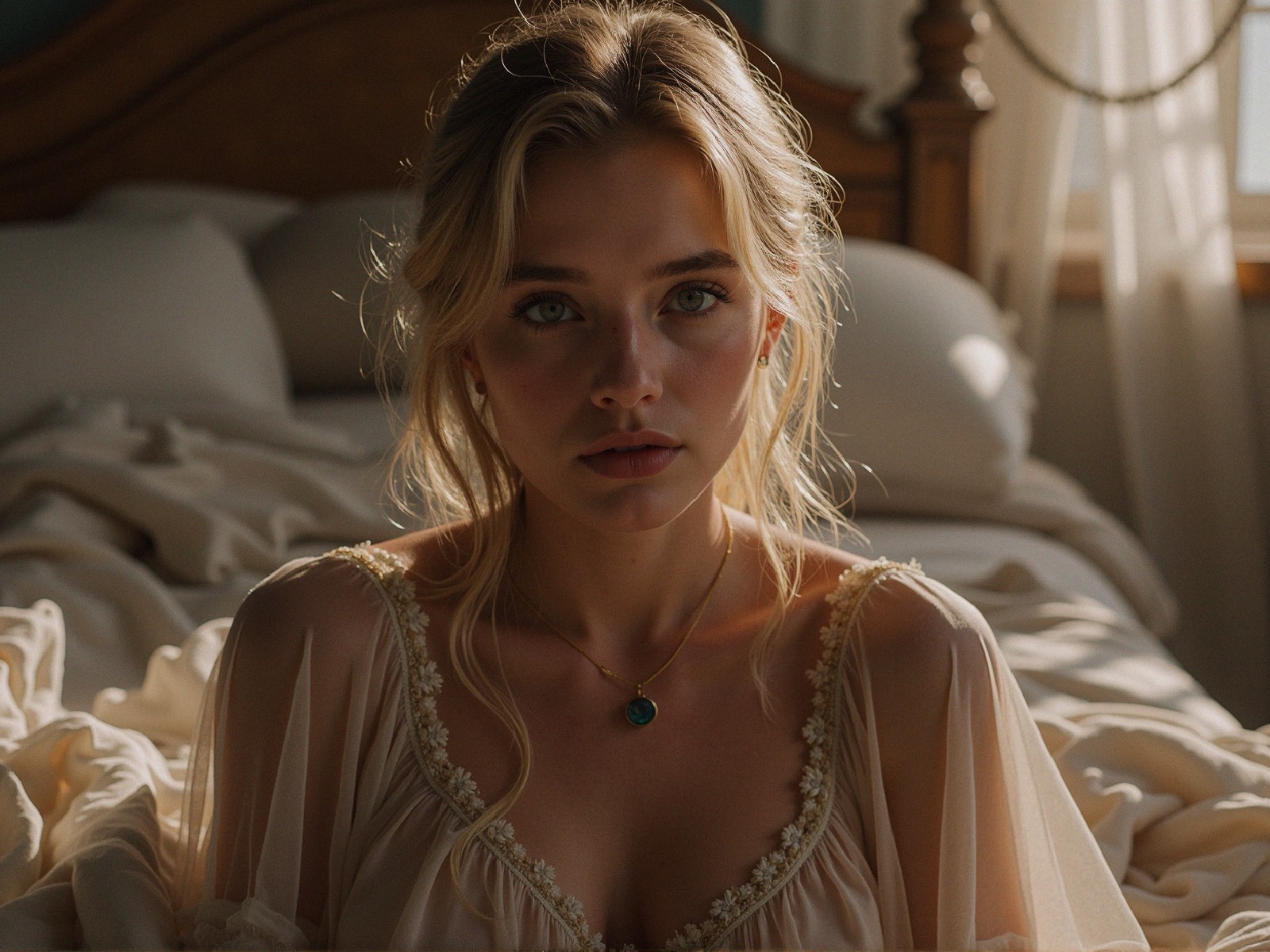 Young woman in soft light with serene expression