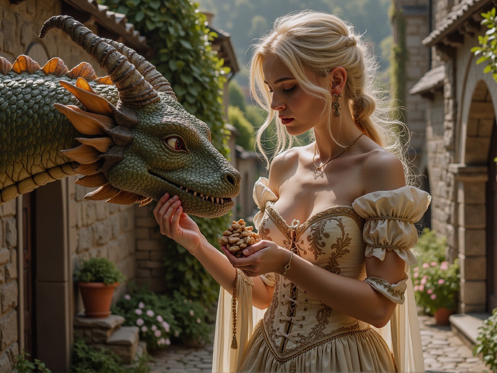 Young woman with dragon in a quaint village setting