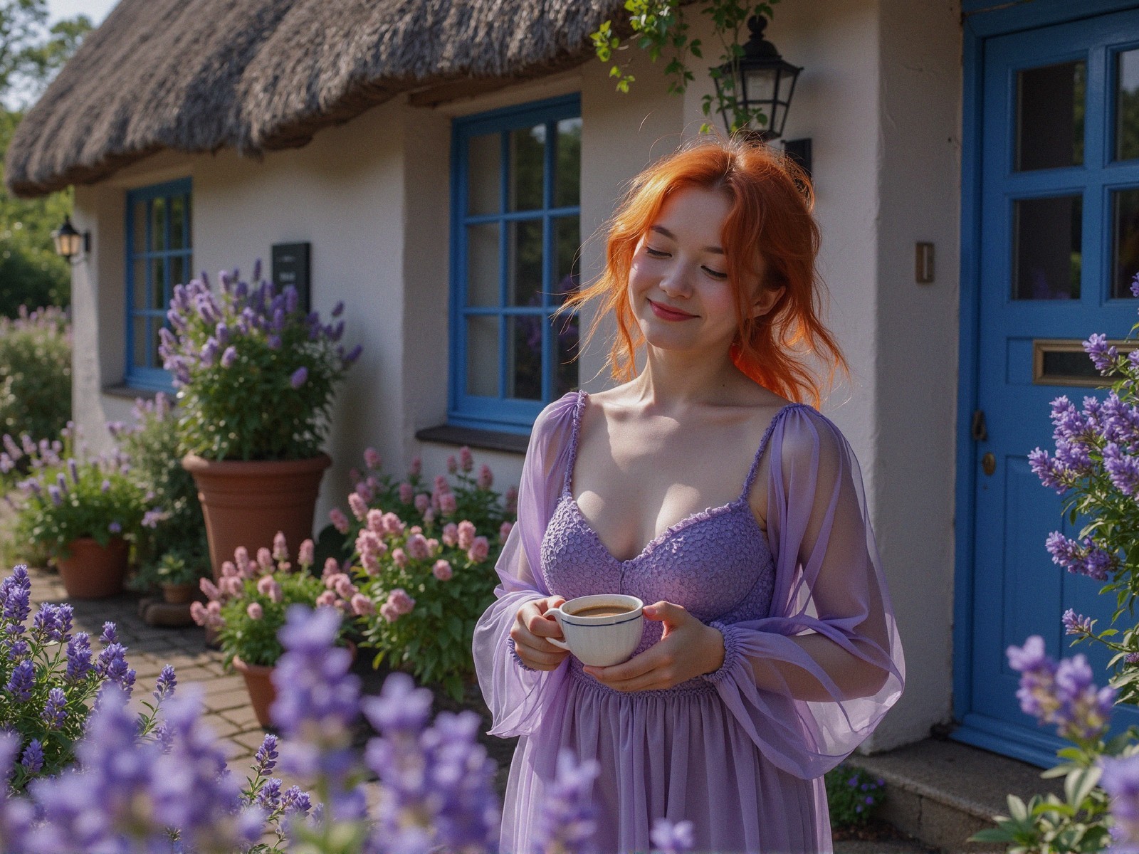 Young Woman with Orange Hair by Flowered Cottage