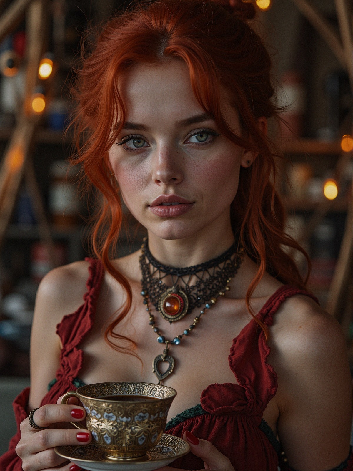 Young Woman in Red Dress with Decorative Cup