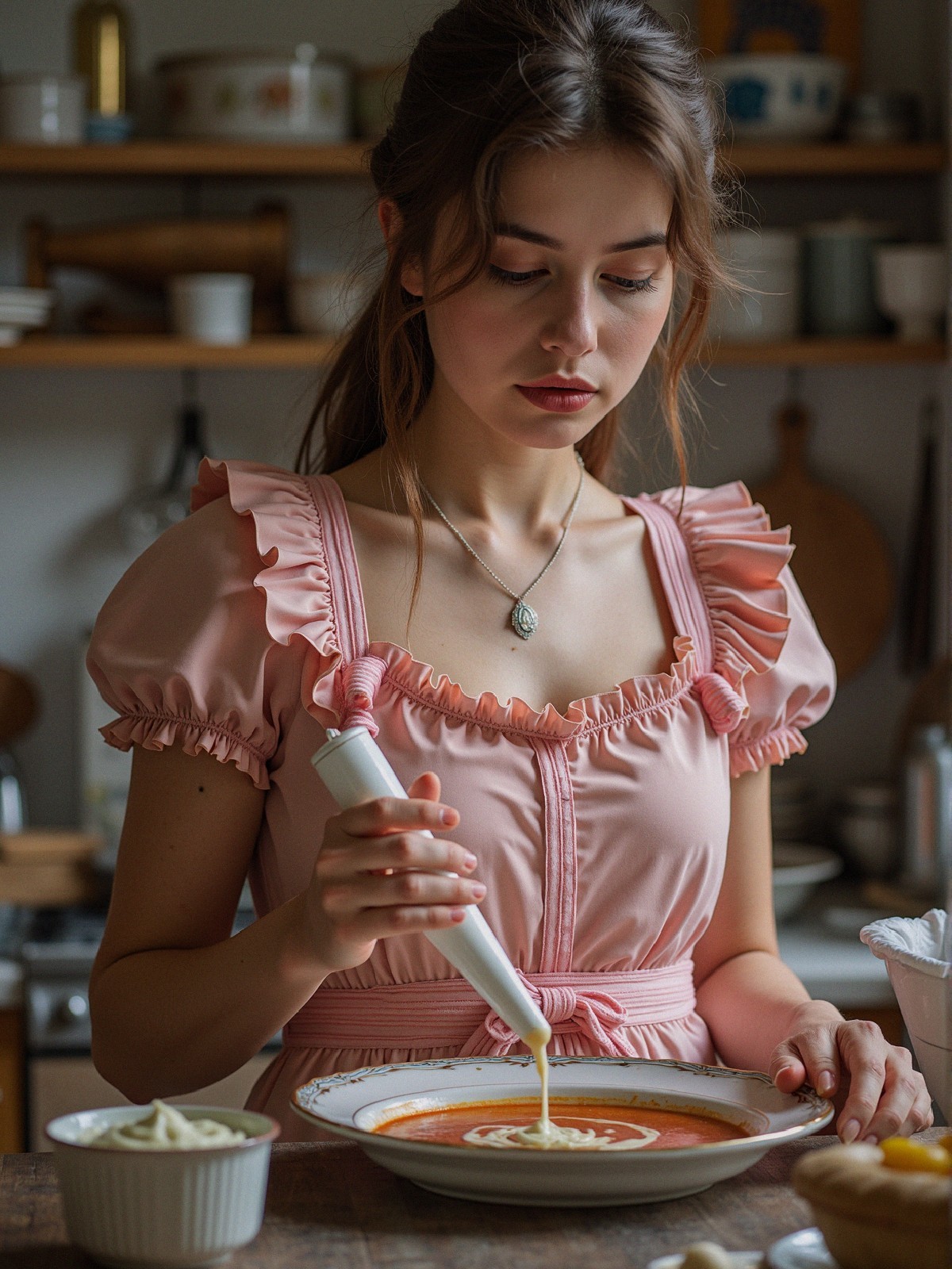 Young Woman Preparing Soup in Cozy Kitchen Setting