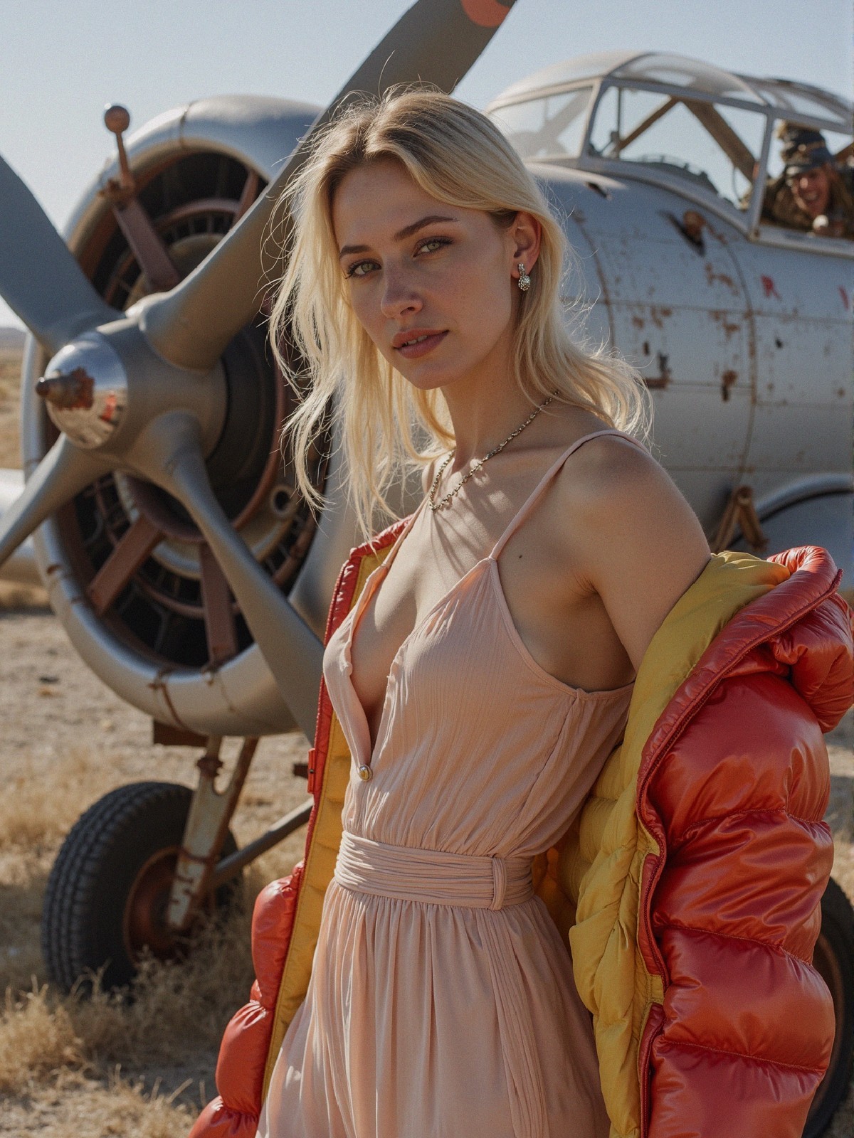 Model in Blush Dress and Orange Jacket by Airplane