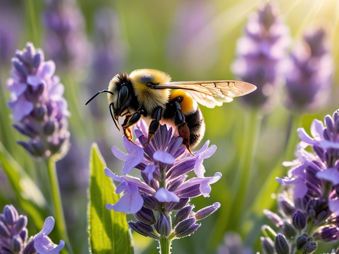 Bumblebee on Lavender Flower in Sunlit Garden