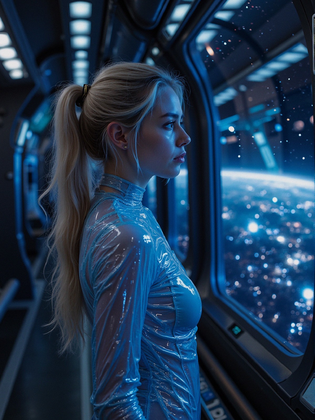 Young Woman in Futuristic Space Station with Earth View