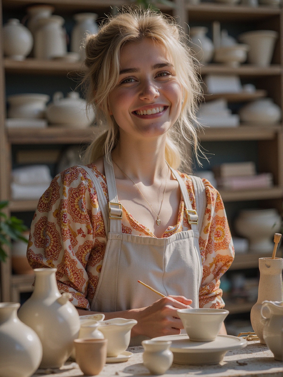 Young Woman in Cozy Pottery Studio with Ceramics