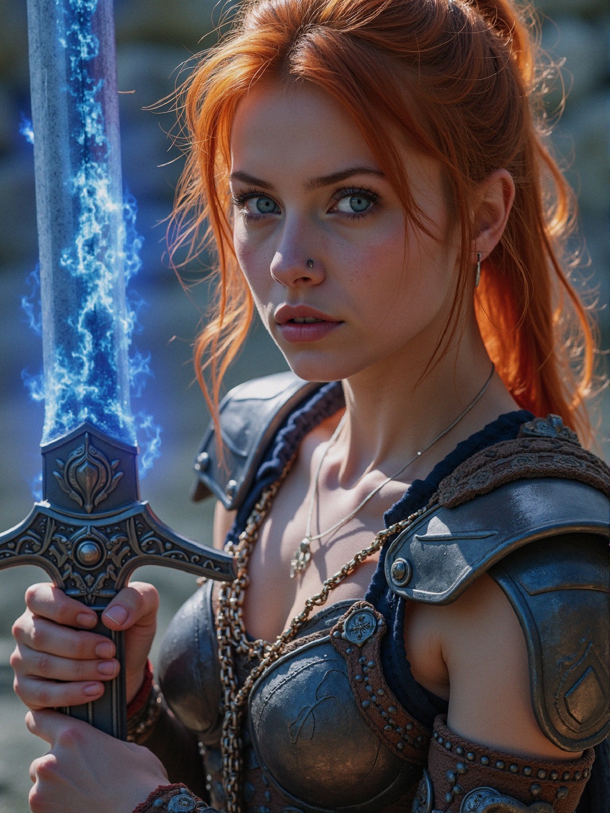 Young woman with orange hair and glowing sword in armor
