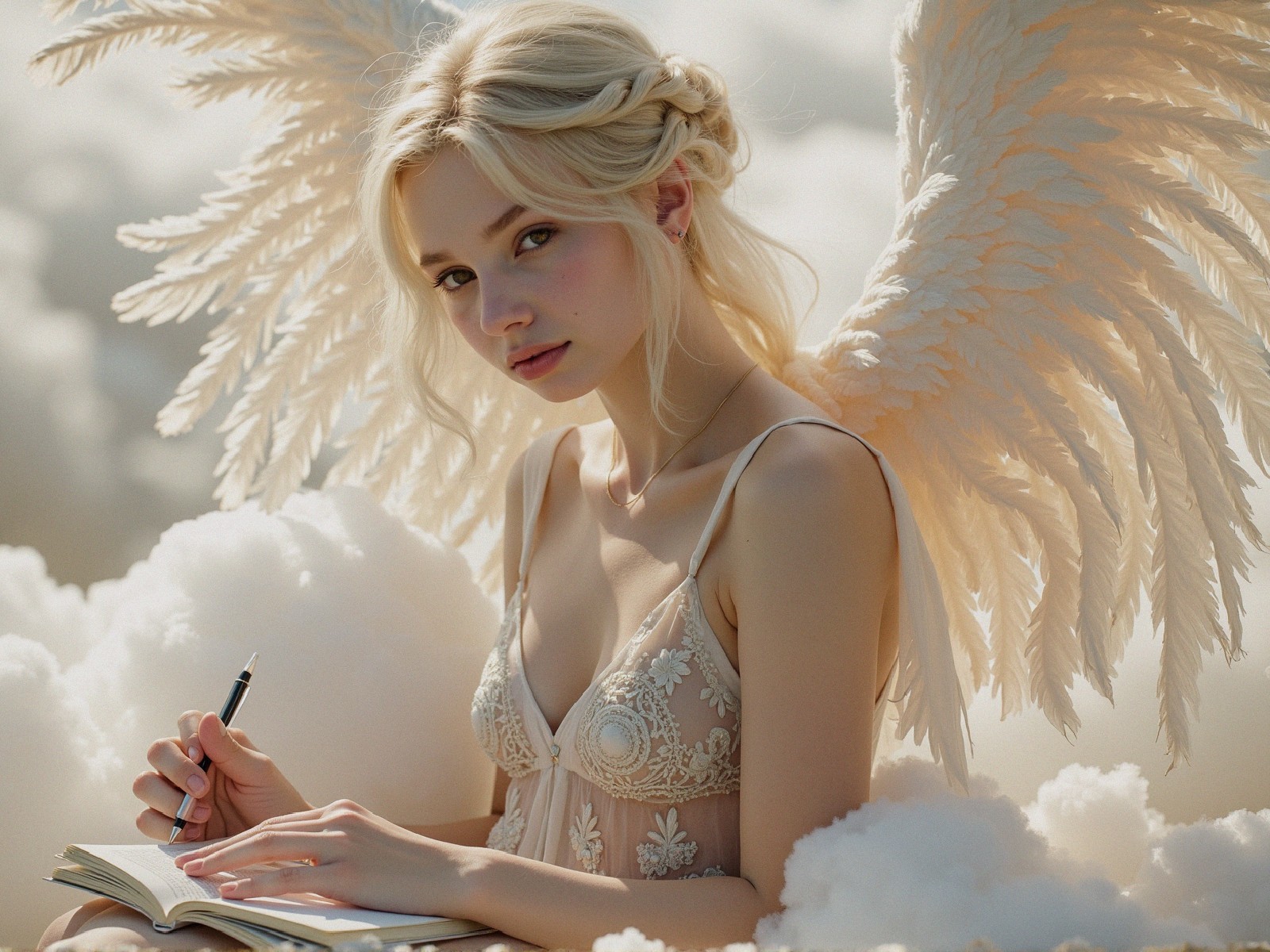 Ethereal Figure with Wings in Dreamy Cloud Setting