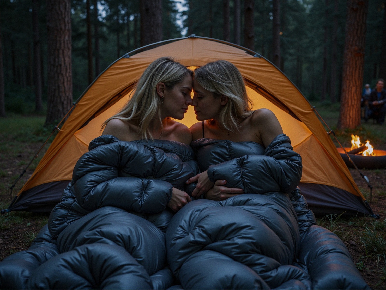 Women in Sleeping Bags by a Campfire in Forest