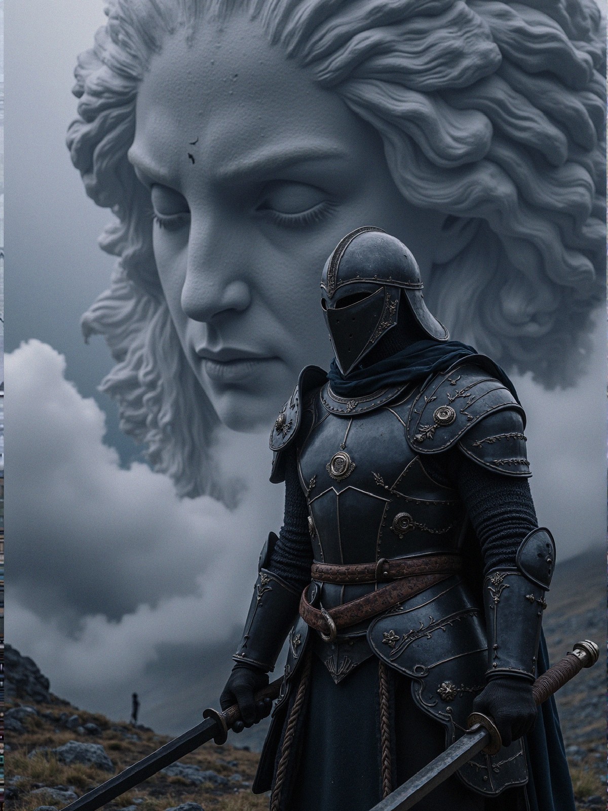Lone Knight in Ornate Armor in Dramatic Landscape