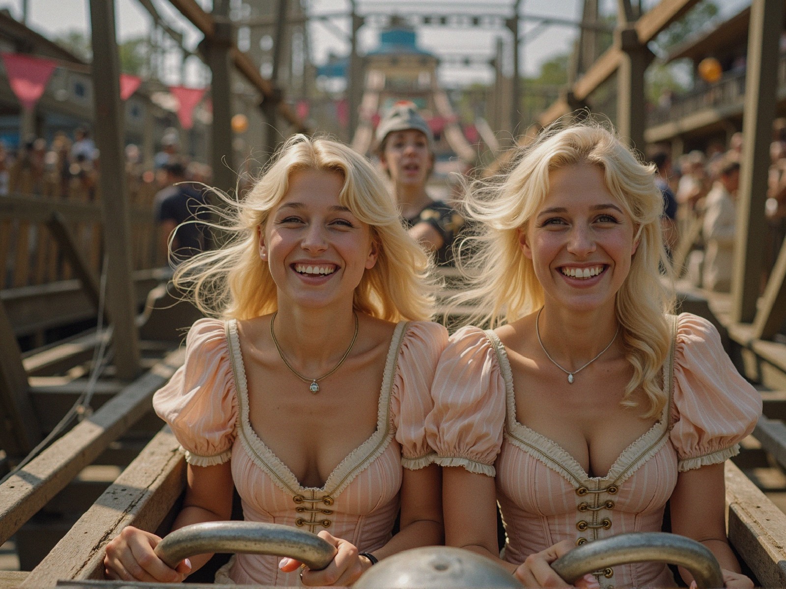 Young women in pink dresses on a roller coaster ride