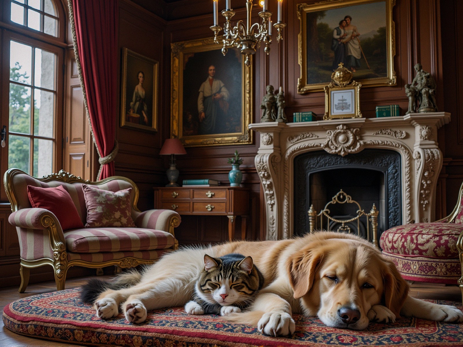 Luxurious Room with Golden Retriever and Fluffy Cat