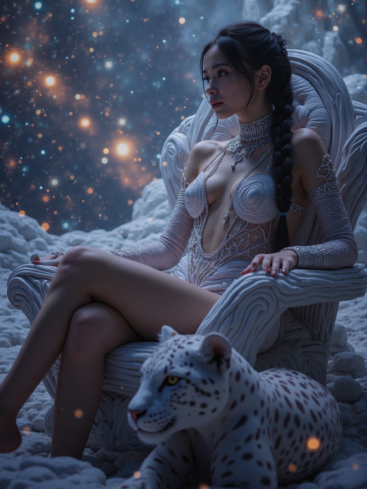 Serene Female Figure with White Leopard in Cosmic Setting