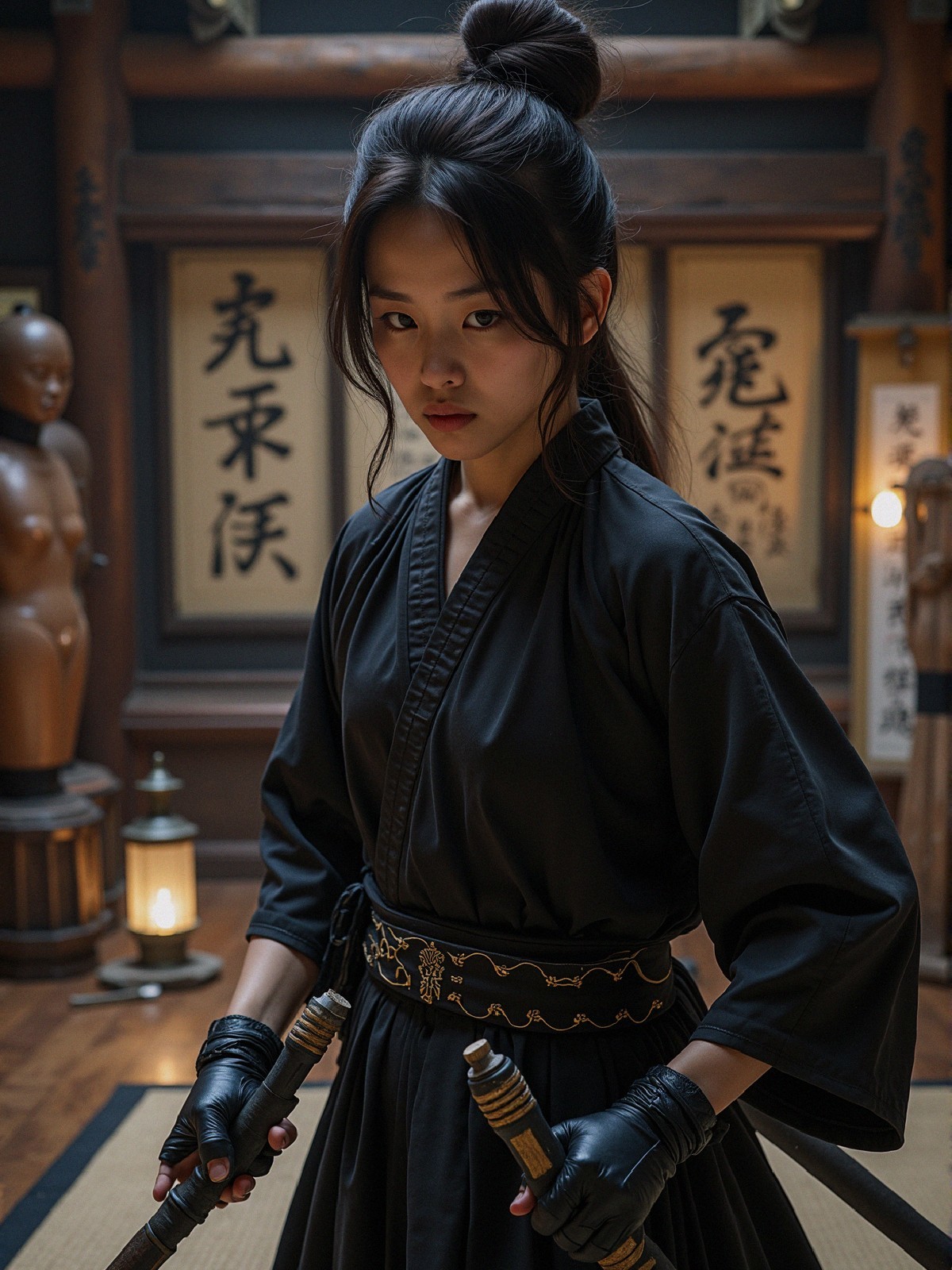 Young Woman in Black Martial Arts Attire with Sword