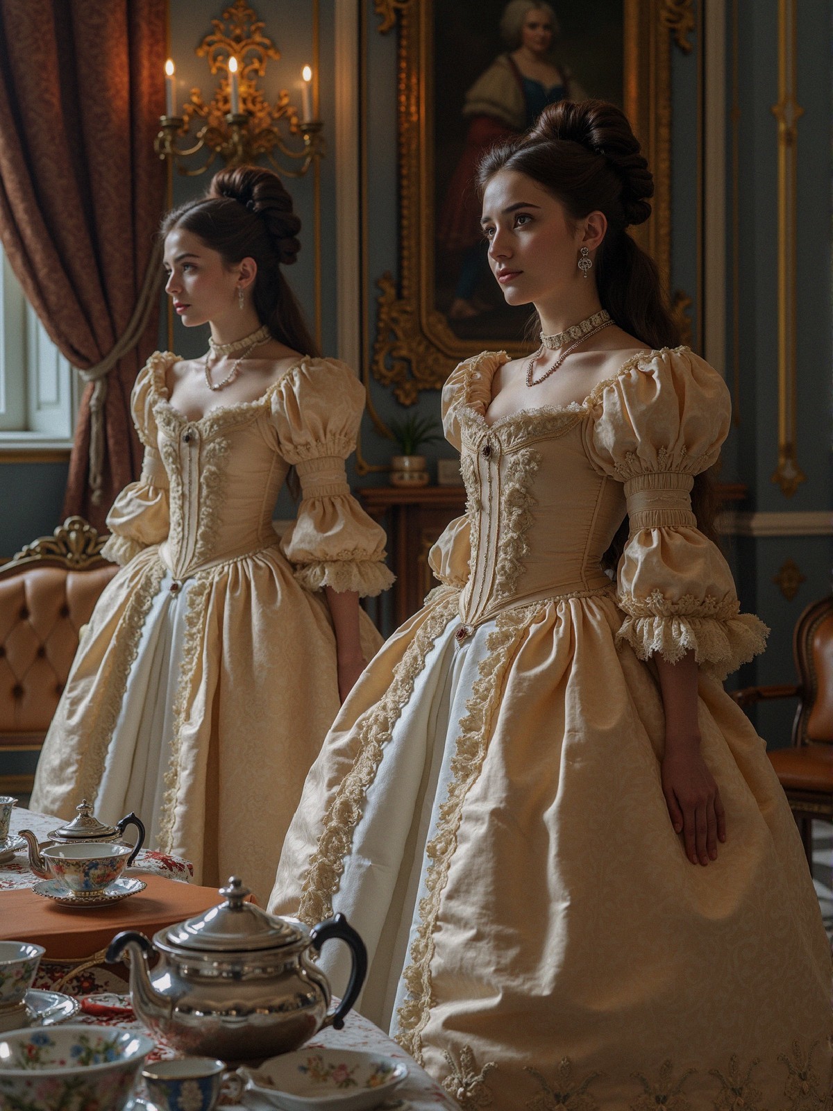 Elegant Women in Vintage Gowns in Opulent Room