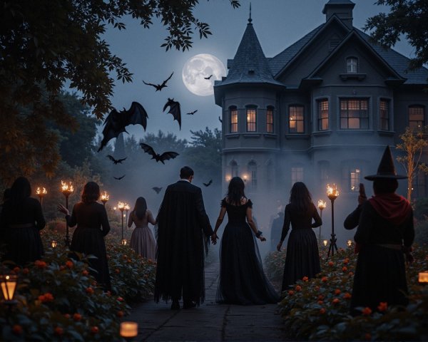 Elegant Figures Approaching a Grand Mansion at Night