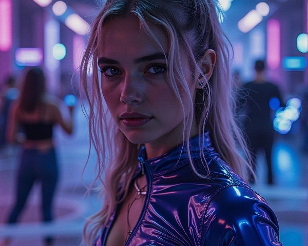 Young woman in neon-lit setting with confident gaze
