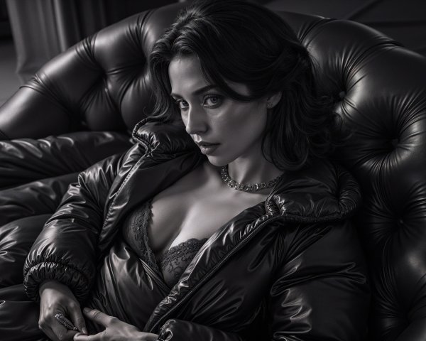 Elegant Woman in Modern Lingerie on Plush Couch