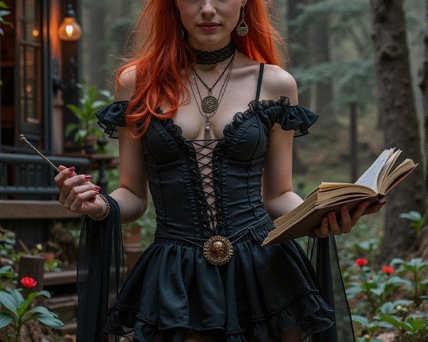 Woman in Stylish Outfit in Mystical Forest Setting
