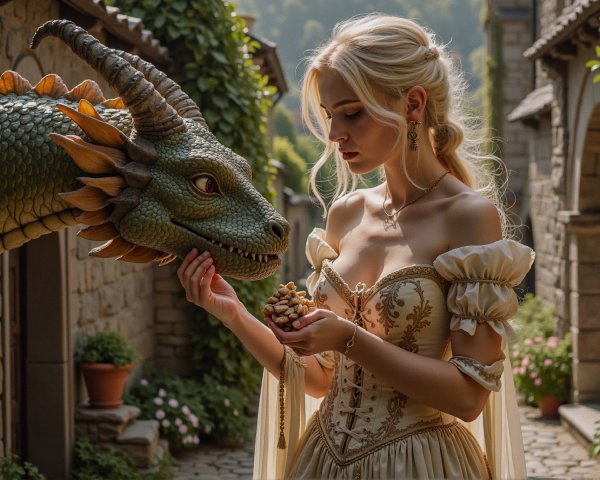 Young woman with dragon in a quaint village setting